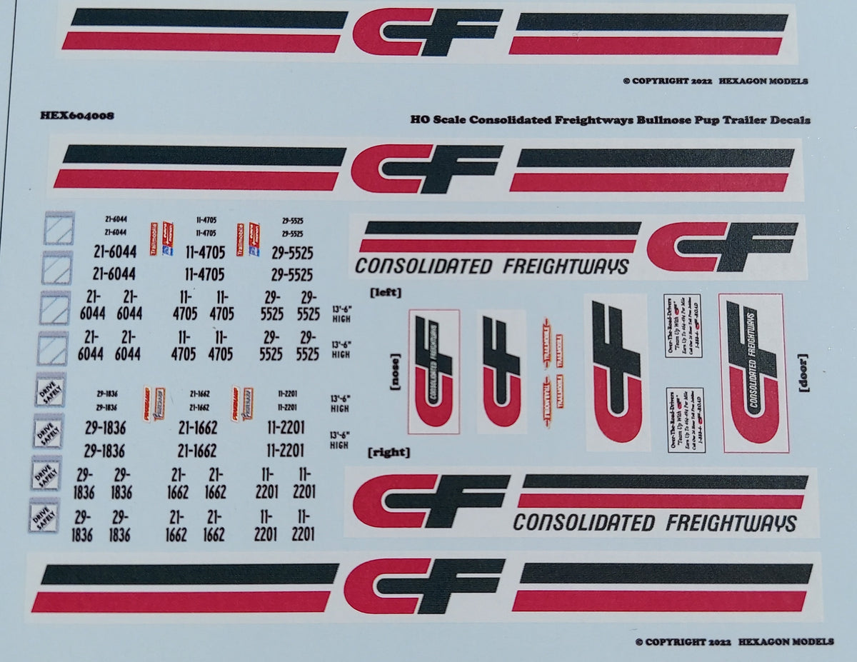 640008 HO Scale Consolidated Freightways Bullnose Pup Trailer Decals