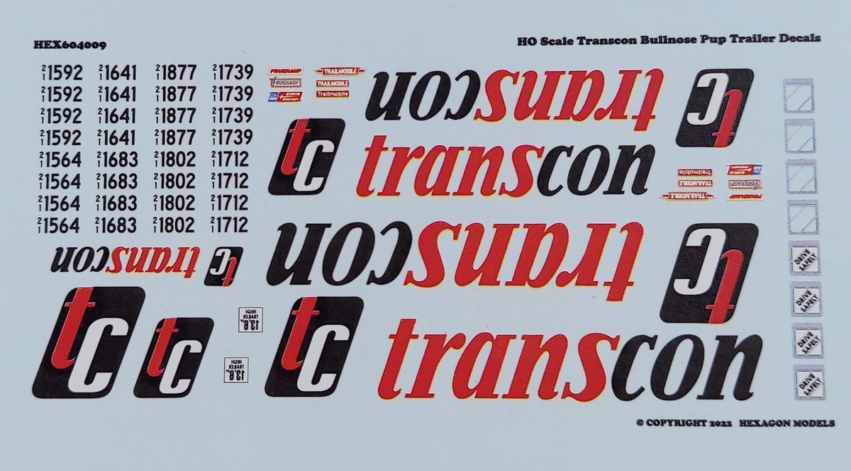 640009 HO Scale Transcon Bullnose Pup Trailer Decals