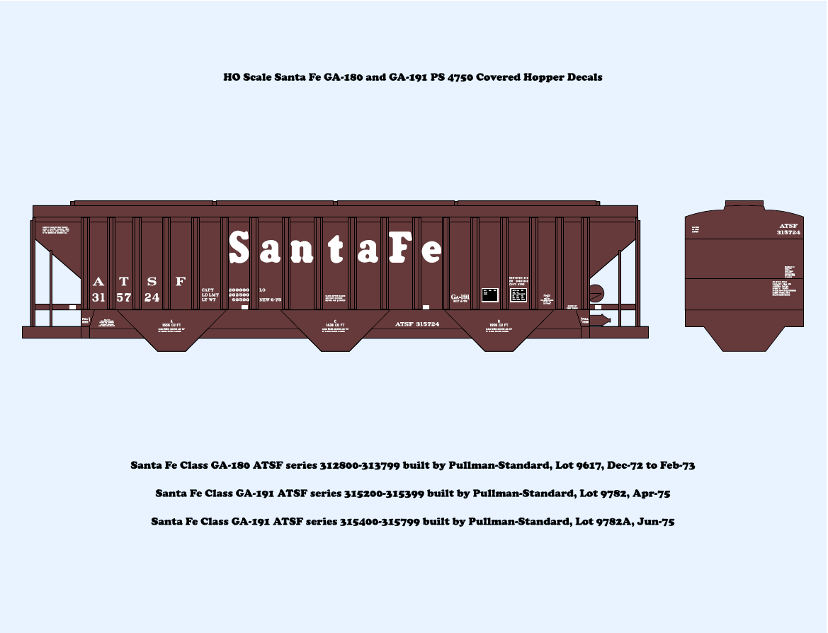 640028 HO Scale Santa Fe GA-180 and GA-191 PS 4750 Covered Hopper Decals