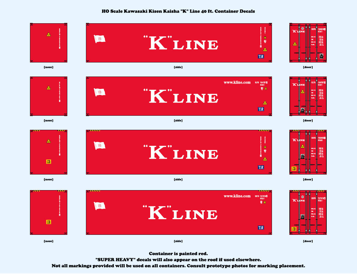 640037 HO Scale Kawasaki Kisen Kaisha "K" Line 40 ft. Container Decals