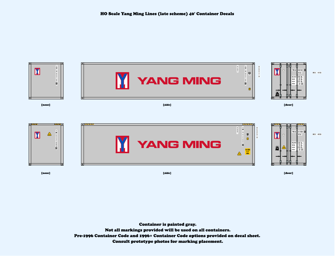 640039 HO Scale Yang Ming Lines (late scheme) 40 ft. Container Decals