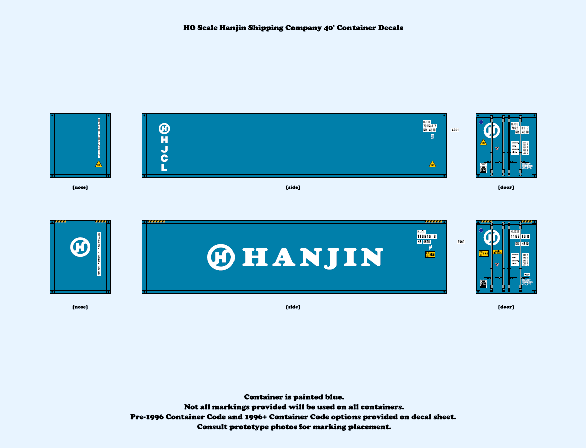 640041 HO Scale Hanjin Shipping Company 40 ft. Container Decals