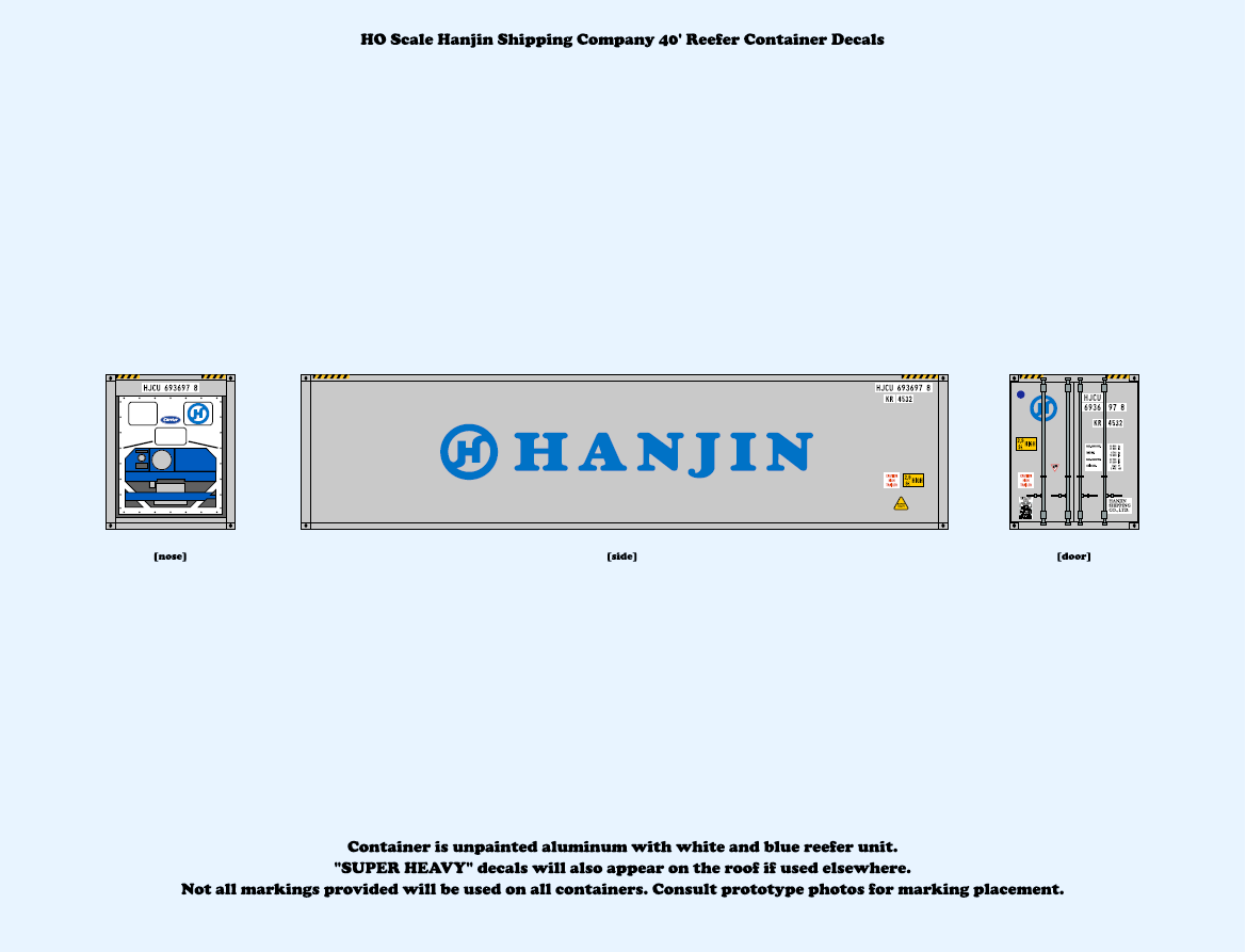 640042 HO Scale Hanjin Shipping Company 40 ft. Reefer Container Decals