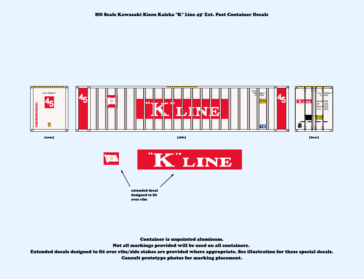 640046 HO Scale Kawasaki Kisen Kaisha "K" Line 45 ft. Ext. Post Container Decals